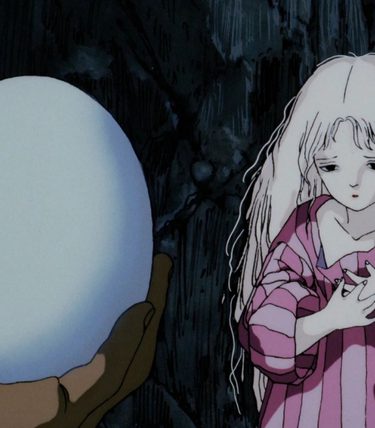 Anime Image. In the foreground a gloved hand holds a large egg, in the background a young girl stands looking at it.