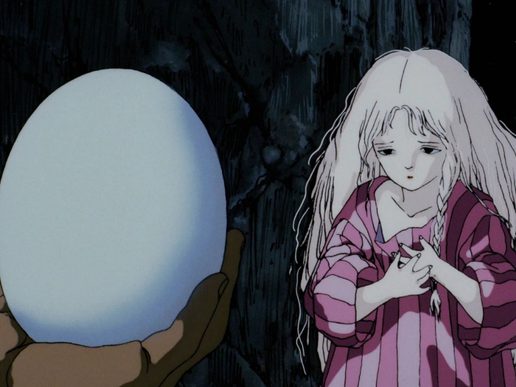 Anime Image. In the foreground a gloved hand holds a large egg, in the background a young girl stands looking at it.