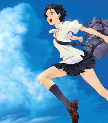 Anime image. A girl is leaping through the air on a bright blue sky.