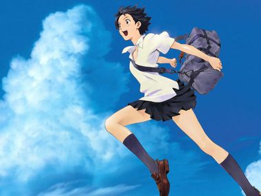 Anime image. A girl is leaping through the air on a bright blue sky.