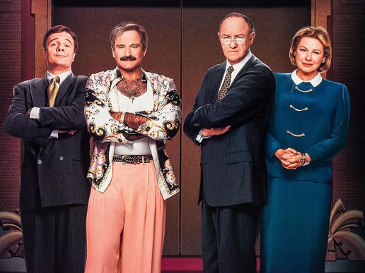 Four people standing in a line with arms crossed - Robin Williams, Nathan Lane, Gene Hackman and Diane Wiest