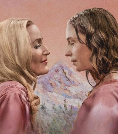 Illustrated image with Gillian Anderson and Hannah Einbinder looking very closely at each other.