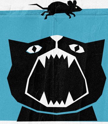 Illustration of a cat underwater about to eat a mouse - copying the Jaws poster.