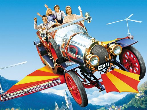 A family are sat in a flying car against a blue sky and mountain backdrop.