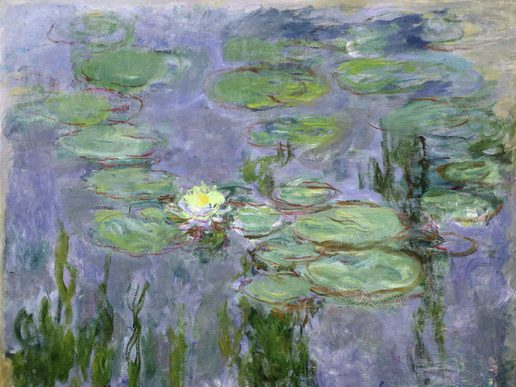 Monet painting depciting a blue pond with lily pads and a flower.