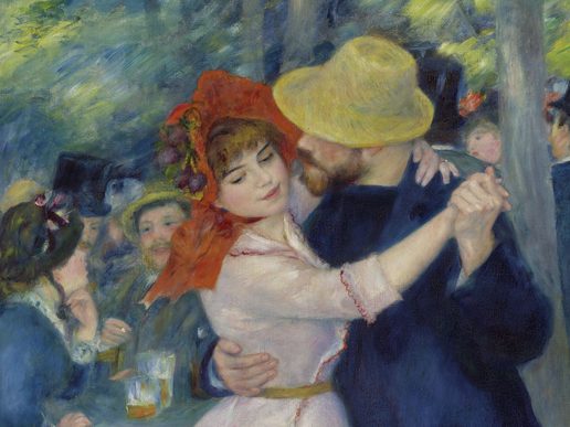 Renoir painting depicting a young couple dancing. The lady is in a red bonnet and clearly visible, the man is in a yellow hat and faced away.