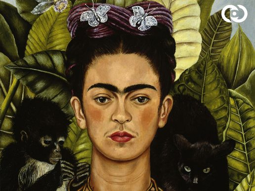 Self portrait of artist Frida Kahlo. She is surrounded by green leaves and animals.