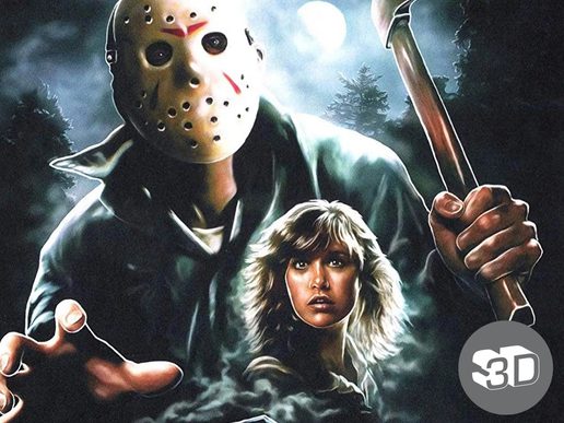 Illustration of Masked killer Jason Voorhees holding an axe and looming over a young woman.