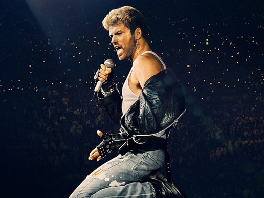 Picture of George Micheal in a leather jacket.
