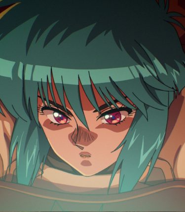 An anime image. A young woman with blue hair is looking at a screen.