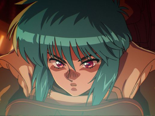 An anime image. A young woman with blue hair is looking at a screen.