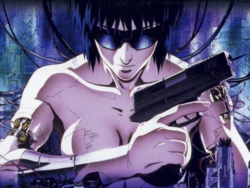 Anime image. A cyborg has awakened with wires coming out, she is holding a gun.