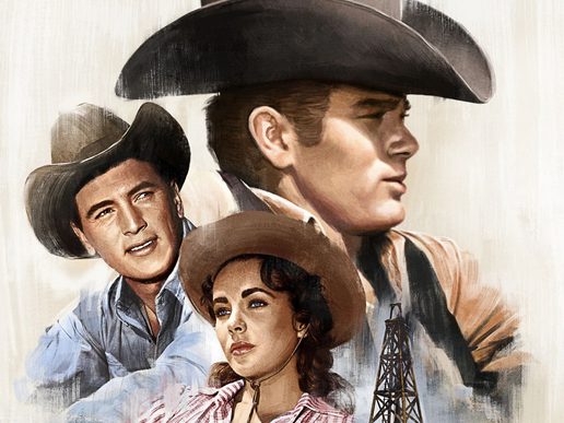 Illustaretd image featuring 'Giant' cast members James Dean, Elizabeht Taylor and Rock Hudson.