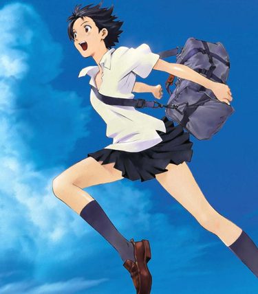 Anime image. A girl is leaping through the air on a bright blue sky.