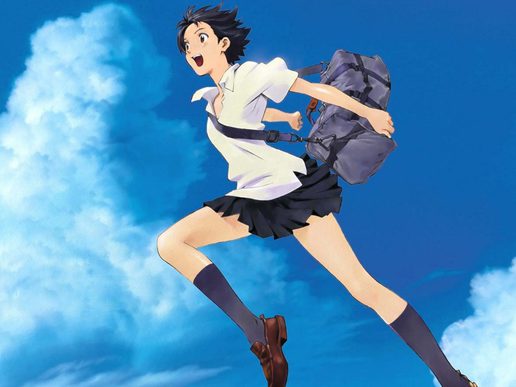 Anime image. A girl is leaping through the air on a bright blue sky.