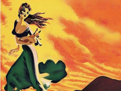 Illustrated image of a woman in the wind against a sunset.