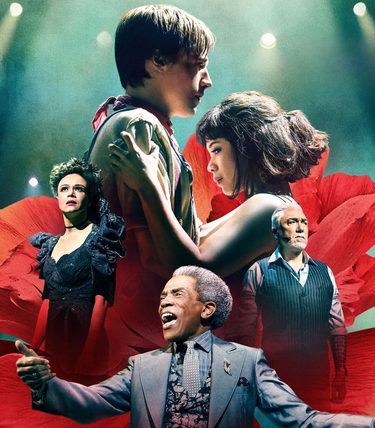 Comped image featuring a central couple emerging from a red rose. Other people are below them in the image. They are all dressed very smartly.
