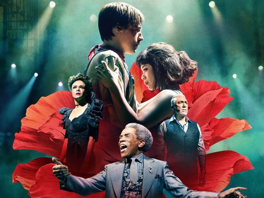 Comped image featuring a central couple emerging from a red rose. Other people are below them in the image. They are all dressed very smartly.