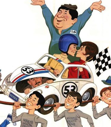 Cartoon picture of the Herbie car featuring the cast celebrating around it.