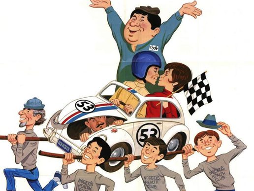 Cartoon picture of the Herbie car featuring the cast celebrating around it.