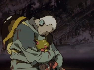 Anime image. A solider is kneeling down and embracing a younger chat=racter. a desloate sci-fi background is behind them.
