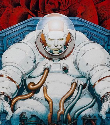Anime image. An alien looking astronaut is ina big throne with wires coming out of him.