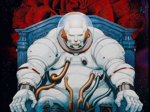 Anime image. An alien looking astronaut is ina big throne with wires coming out of him.