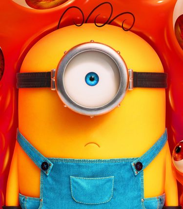 A yellow minion character is looking worried and is surrounded by red gloop with eyes looking at him.