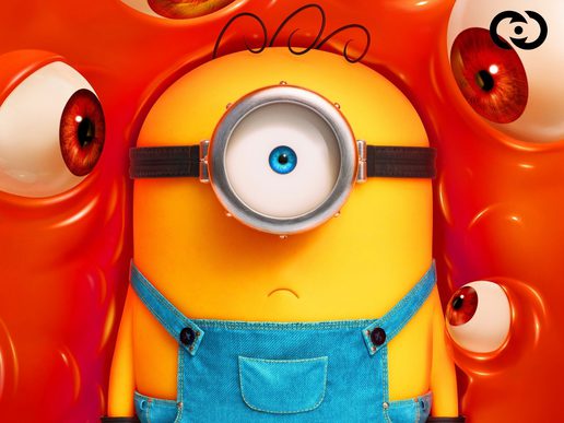 A yellow minion character is looking worried and is surrounded by red gloop with eyes looking at him.