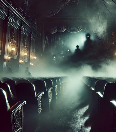 A spooky smoke filled theatre with ghostlike figures among the lights and fog.