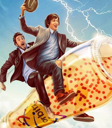 Illustrated image with two men sat on a giant soda bottle launched into the sky with lightning in the background.