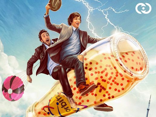 Illustrated image with two men sat on a giant soda bottle launched into the sky with lightning in the background.