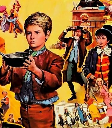 Hand drawn poster for Oliver! A young boy holds out a bowl.