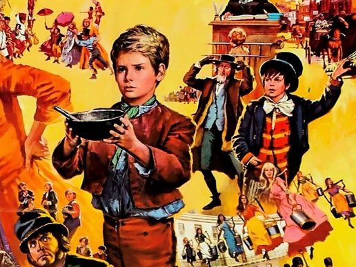 Hand drawn poster for Oliver! A young boy holds out a bowl.
