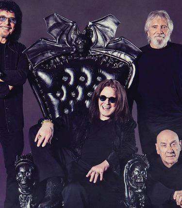 Archive photto of Black Sabbath members on a purple background.