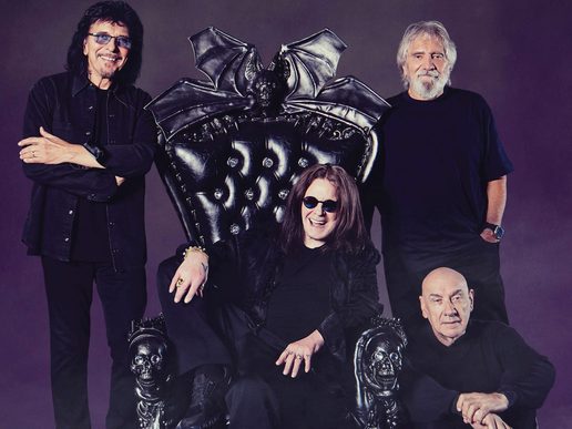 Archive photto of Black Sabbath members on a purple background.