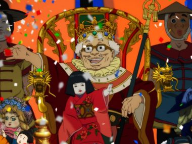 Anime image. A chaotic scene at a parade with a king and flags and streamers.