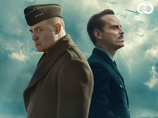 Actors Andrew Scott and Brendan Fraser are in soldiers uniforms facing away from each other. The background is a plane war fight.