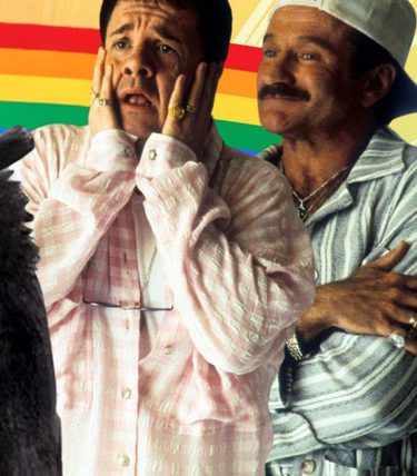A composite image for a season of Pride films, featuring Robin Williams, Nathan Lane, Natasha Lyonne and The Babadook.