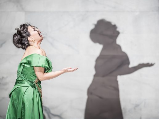 A woman is seen in profile, she is wearing green and singing, her silhouette is seen behind her on the white wall.