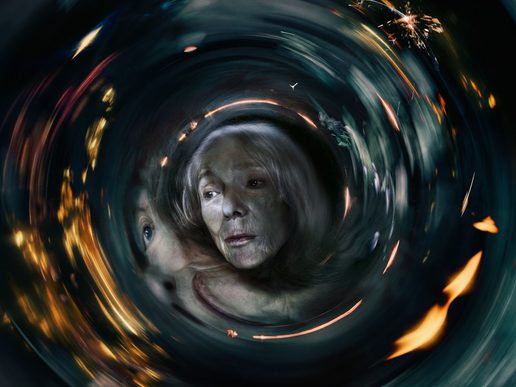 A womans face is very ashen, she is in the middle of a swirl of light around her.