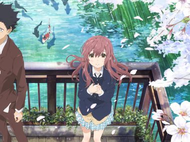 Animae image. A young man and woman stand on a balcony over a Koi pond.