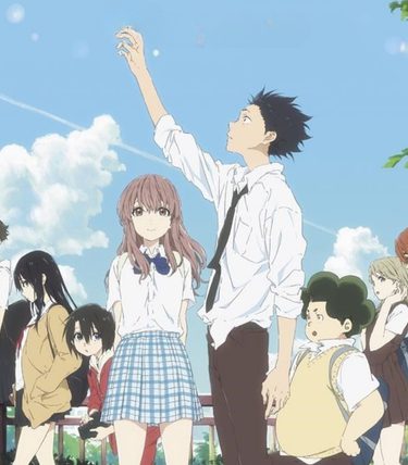 Anime Image. A school scene with a young woman stood centrally and a young man who is much taller reaching over her.
