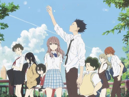 Anime Image. A school scene with a young woman stood centrally and a young man who is much taller reaching over her.