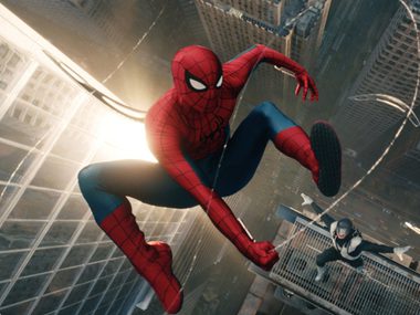 Spider-Man is swining across a city landsapce on a sting of web.
