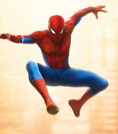 Spider-Man is launched in the air looking down. A cityscape is behind him.
