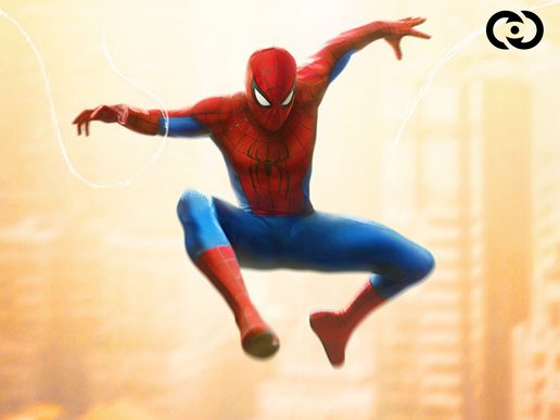 Spider-Man is launched in the air looking down. A cityscape is behind him.