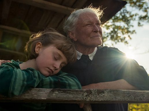 An older woman and a young girl are looking into the sunset.