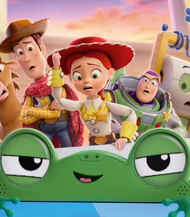 Toy Story Characters Buzz, Woody, Jessie and others are all looking worriedly at a frog Ipad character.