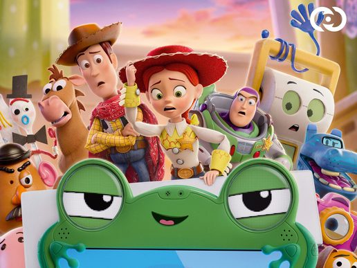 Toy Story Characters Buzz, Woody, Jessie and others are all looking worriedly at a frog Ipad character.